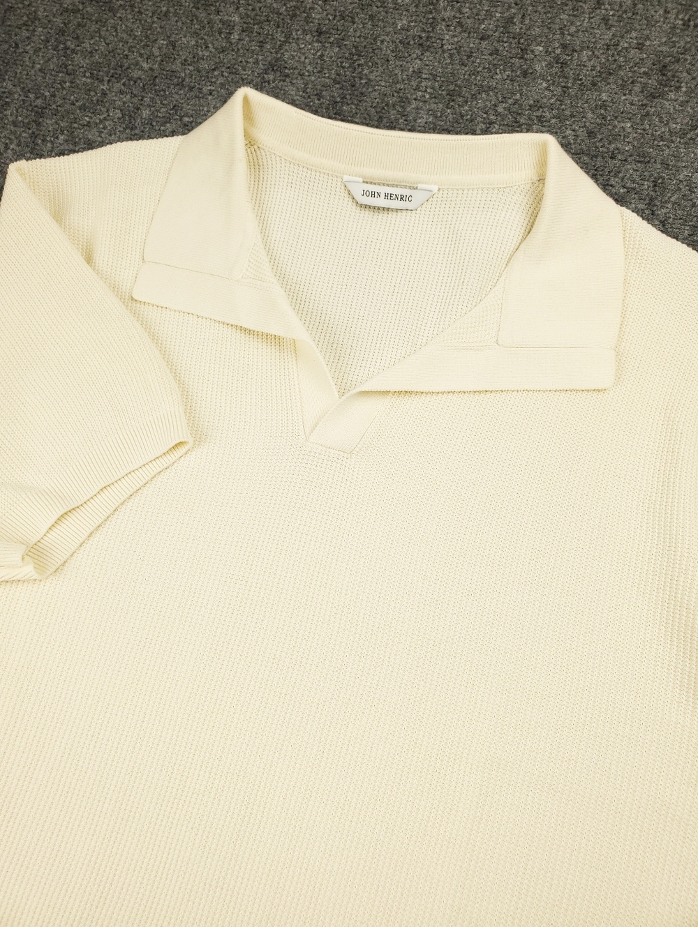 John Henric Sweden Polo Shirt Mens Large Knit Open Johnny Collar Preppy Cream